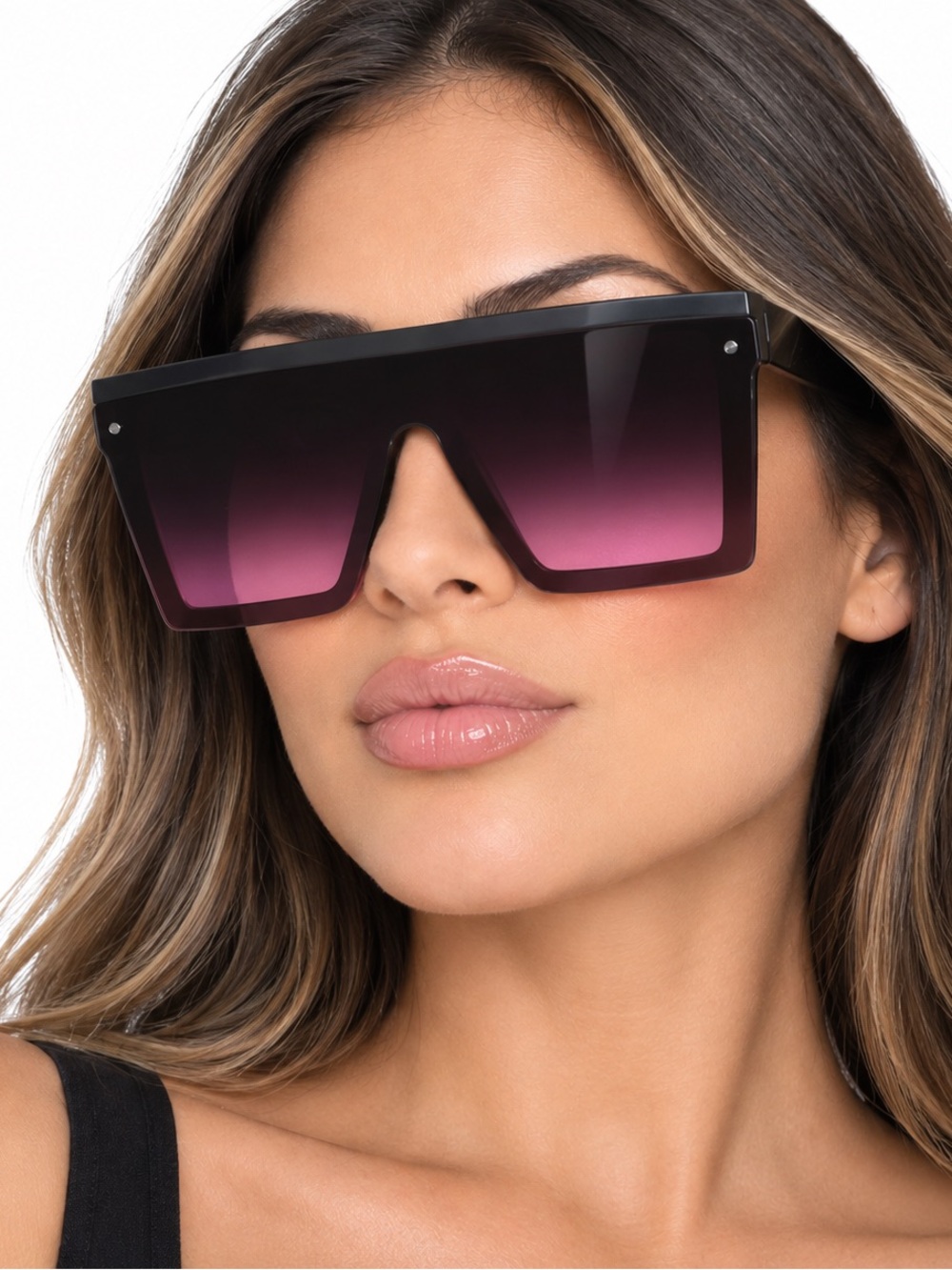 QUAY Hindsight Sunglasses Matte Black Frame Black Pink Fade Lens Shield NEW